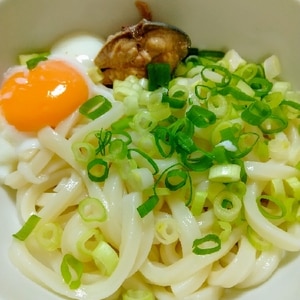 サバ水煮缶と温泉卵のっけ冷やしうどん